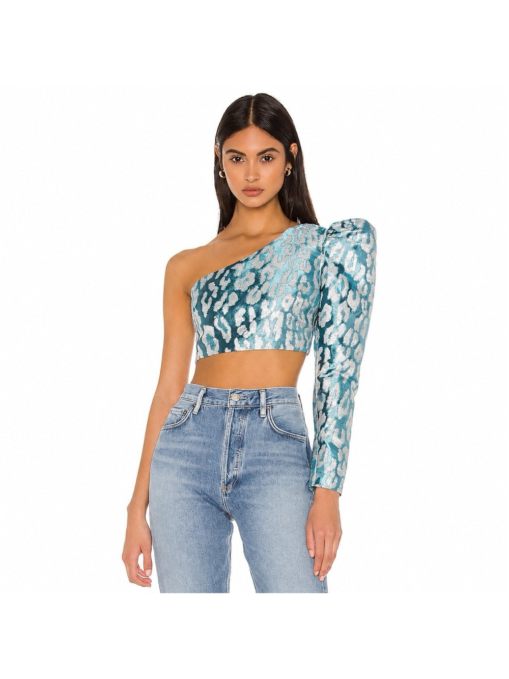 NBD Eris One Shoulder Metallic Shimmer Puff Sleeve Cropped Top Blue/Silver XS